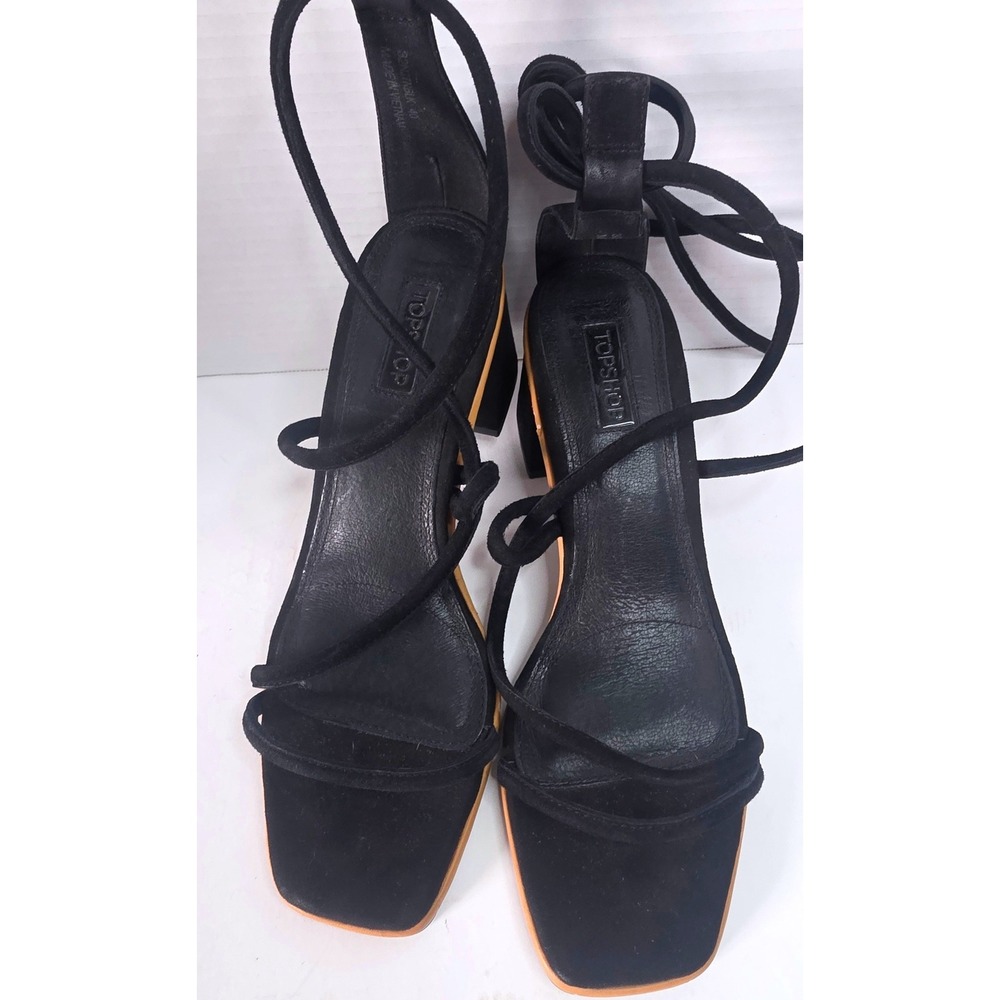 Topshop Nashville Black Suede Wrap Block Heel Sandals Square Toe 40 US 9 - Picture 5 of 9